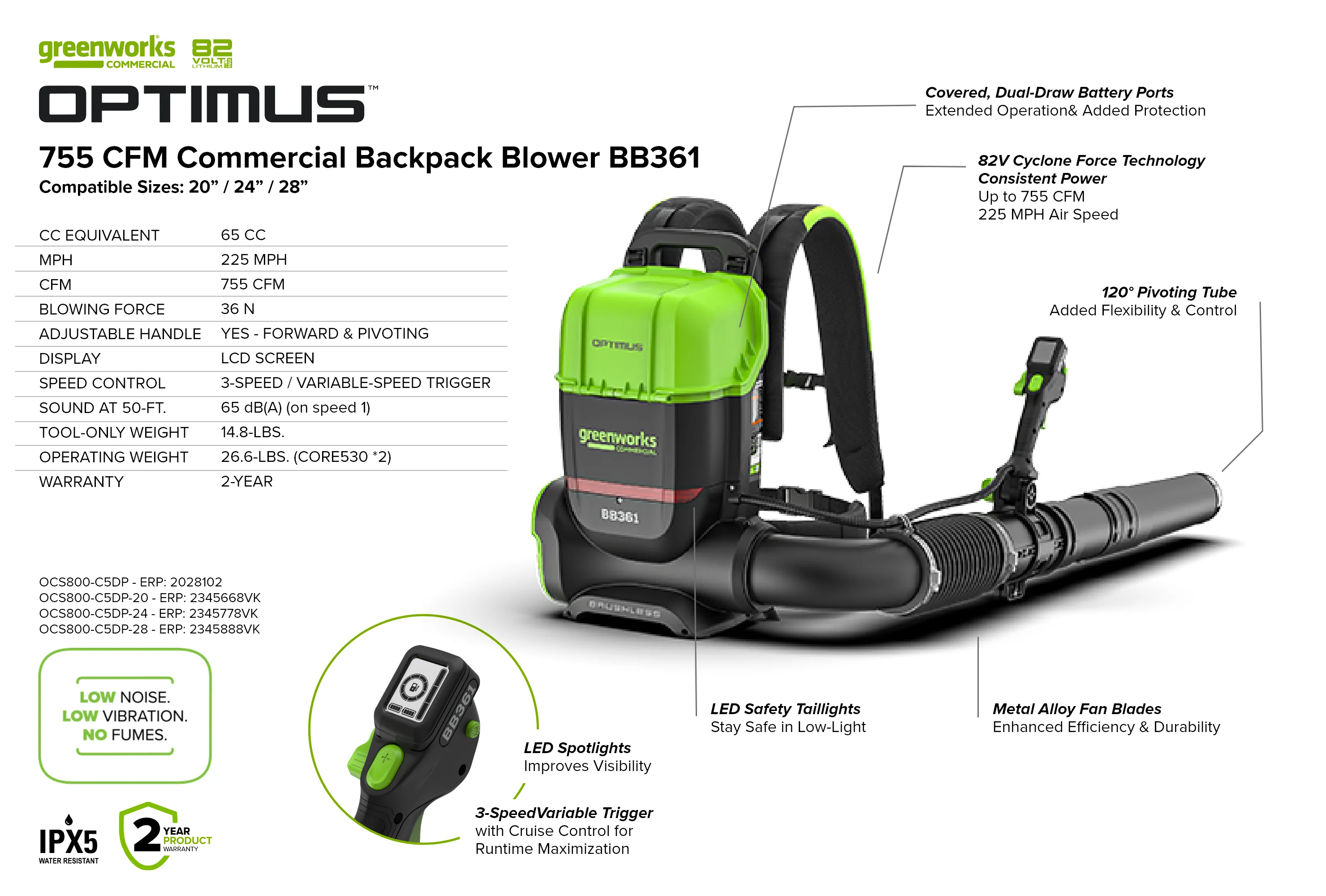 82V OPTIMUS 36N Dual-Port Backpack Blower with (2) 8Ah Batteries and Dual Port Charger | BB361-82DP - Image 12