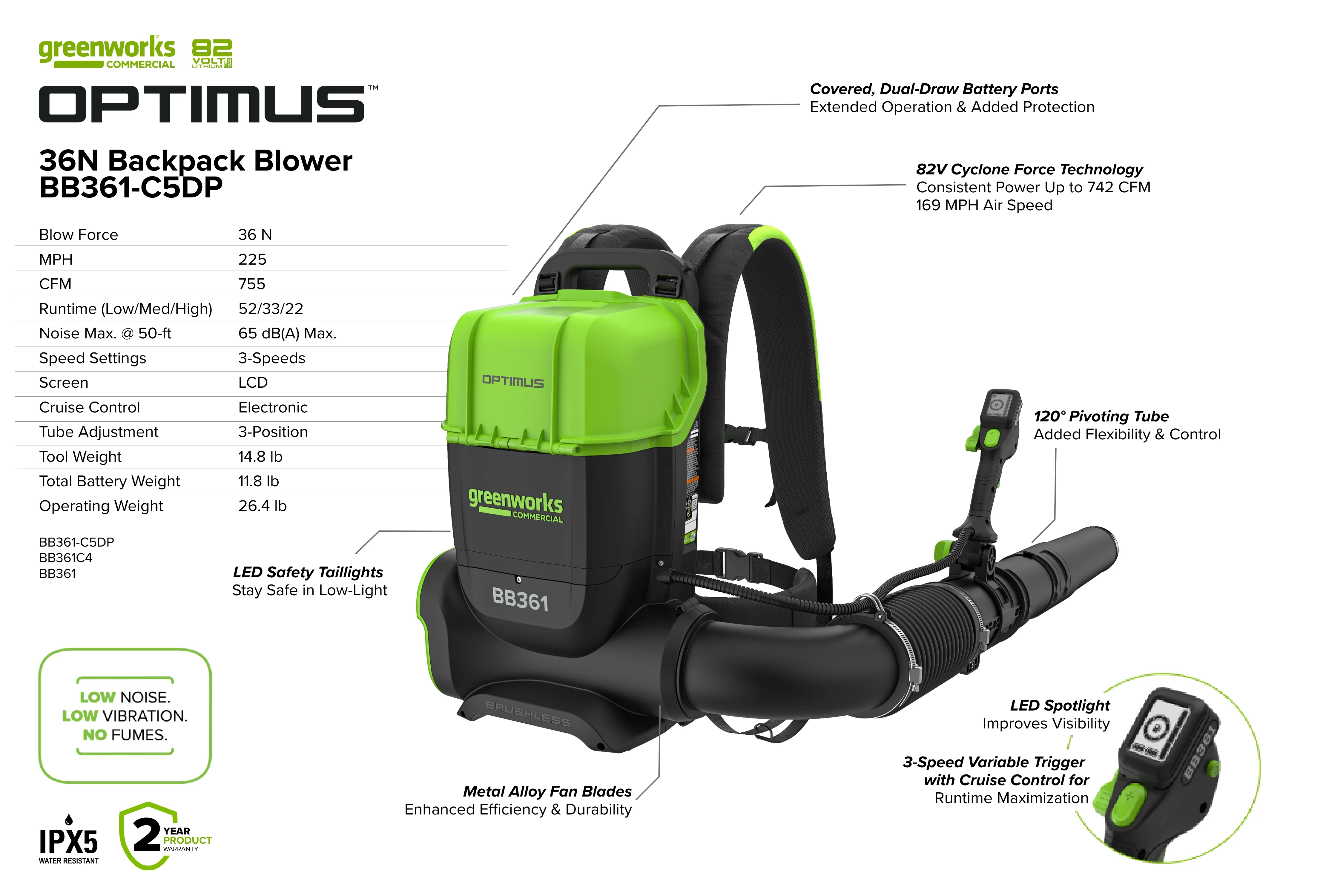 82V OPTIMUS 36N Dual-Port Backpack Blower - Tool Only | BB361 - Image 12