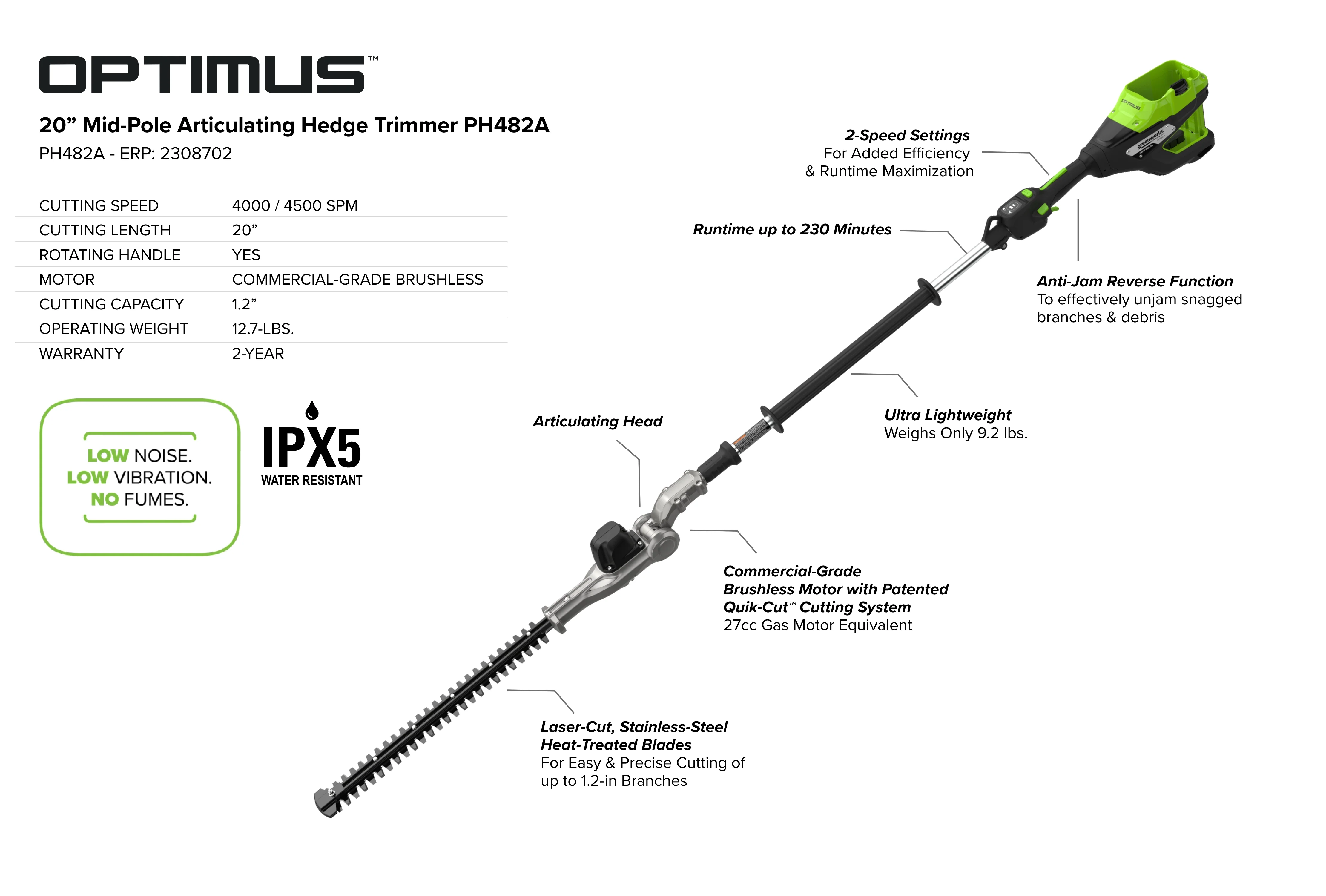 82V OPTIMUS 20" Mid-Pole Articulating Hedge Trimmer | PH482A - Image 14